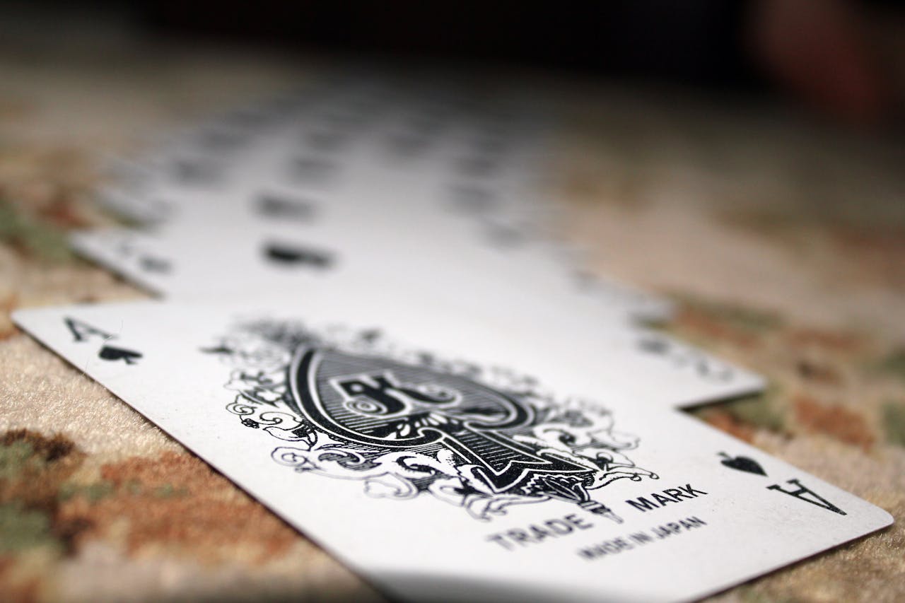 Close-up of Ace of Spades with a deck of playing cards, showcasing depth of field.